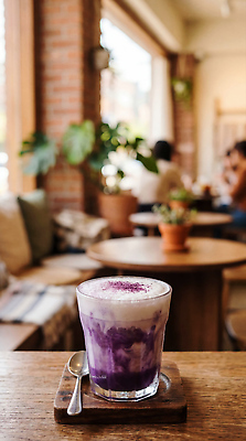 JPG 식물 편집이미지 음료 탁자 대화 내부 유행 카페 고객 편집실사 AI포토 AI콘텐츠 우베 우베라떼 가구 말하기 상점 CG 라떼 파일형식