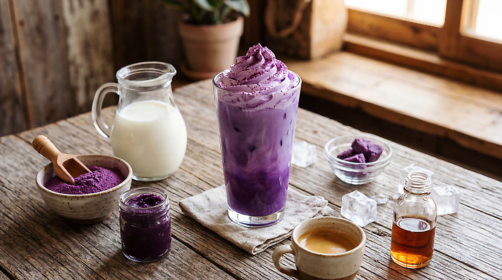 JPG 편집이미지 음료 재료 창문 식탁 탁자 디저트 컵 유행 보라색 우유 가루 편집실사 AI포토 AI콘텐츠 우베 우베라떼 식기 음식 컬러 가구 유제품 CG 라떼 파일형식