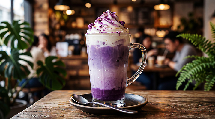 JPG 편집이미지 음료 디저트 대화 유행 보라색 카페 나무탁자 편집실사 AI포토 AI콘텐츠 우베 우베라떼 음식 컬러 탁자 말하기 상점 CG 라떼 파일형식