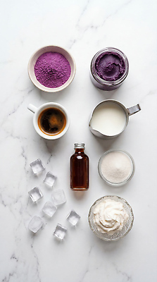 JPG 편집이미지 음료 재료 디저트 건강 유행 주방 얼음 카페 우유 설탕 편집실사 AI포토 AI콘텐츠 우베 우베라떼 자연요소 음식 유제품 상점 CG 라떼 파일형식