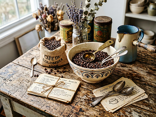 JPG 편집이미지 그릇 커피 재료 탁자 장식 카페 원두 앤티크 빈티지 오브젝트 자루 편집실사 AI포토 AI콘텐츠 식기 음료 가구 컨셉 상점 CG 파일형식