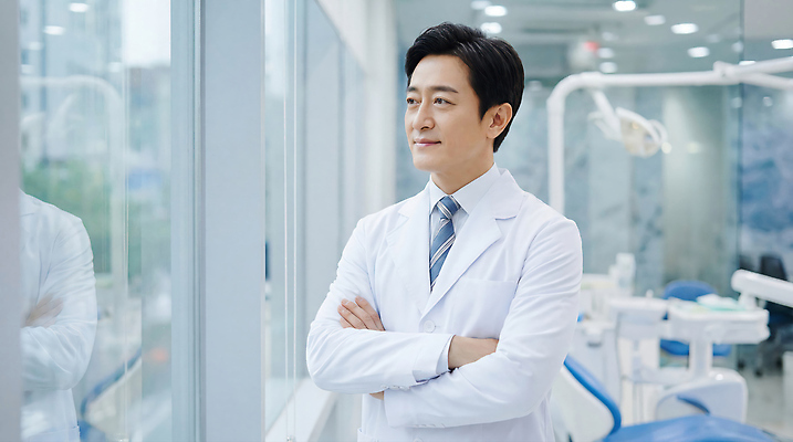 JPG 편집이미지 직업 남자 중년 생각 의학 건강 치과 치료 의사 창가 치과의사 전문 진료실 의료성형뷰티 편집실사 AI인물포토 AI콘텐츠 창문 병원 사람 성인 진료 의료진 CG 파일형식 AI포토