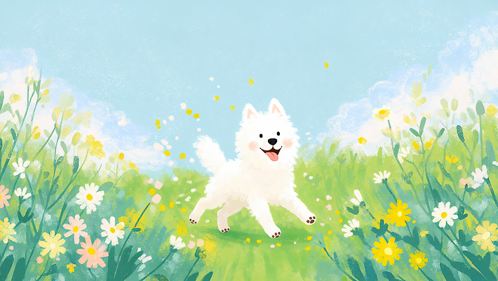 JPG 동물 꽃 반려견 꽃밭 일러스트 자연 하늘 웃음 풍경 초원 여름 반려동물 달리기 귀여움 봄 산책 강아지 즐거움 화사함 국내일러스트 AI일러스트 AI콘텐츠 식물 계절 감정 컨셉 모션 휴식 표정 개 생태계 파일형식