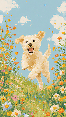 JPG 꽃 행복 반려견 꽃밭 일러스트 자연 하늘 바람 웃음 풍경 잔디 초원 여름 반려동물 달리기 귀여움 봄 강아지 국내일러스트 AI일러스트 AI콘텐츠 자연요소 식물 동물 계절 감정 컨셉 모션 날씨 표정 개 생태계 파일형식