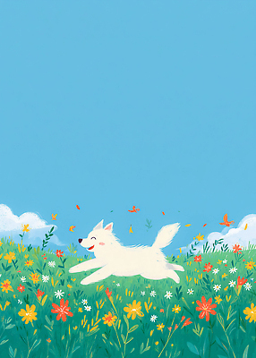 JPG 식물 꽃 반려견 나비 꽃밭 일러스트 자연 하늘 풍경 초원 여름 달리기 봄 자유 개 강아지 즐거움 국내일러스트 AI일러스트 AI콘텐츠 계절 감정 곤충 컨셉 포유류 모션 반려동물 생태계 파일형식