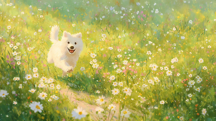 JPG 꽃 반려견 꽃밭 겨울 일러스트 자연 풍경 초원 여름 반려동물 달리기 봄 산책 강아지 즐거움 솜사탕 국내일러스트 AI일러스트 AI콘텐츠 식물 동물 계절 감정 모션 휴식 디저트 개 생태계 파일형식
