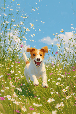 JPG 동물 꽃 행복 반려견 꽃밭 일러스트 자연 하늘 풍경 초원 여름 달리기 햇빛 귀여움 봄 활발 기쁨 개 강아지 즐거움 국내일러스트 AI일러스트 AI콘텐츠 식물 계절 감정 컨셉 포유류 모션 반려동물 태양 생태계 파일형식