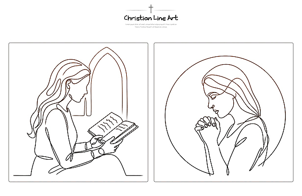 여자 기독교 종교 선 라인일러스트 일러스트 창문 독서 믿음 성경 기도 집중 아치 국내일러스트 AI파일 감정 컨셉 종교용품 사람 파일형식 벡터