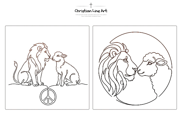 동물 기독교 종교 라인일러스트 일러스트 자연 대화 친구 마주보기 평화 양 사자 국내일러스트 AI파일 컨셉 포유류 관계 모션 말하기 생태계 파일형식 벡터