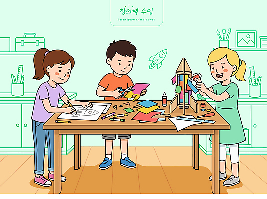 종이 어린이 과학 일러스트 놀이 탁자 수업 색연필 친구 학습 도구 작업 집중 만들기 손재주 창의력 창의성 창작 프로젝트 국내일러스트 AI파일 교육 가구 컨셉 관계 모션 학용품 사람 파일형식 벡터