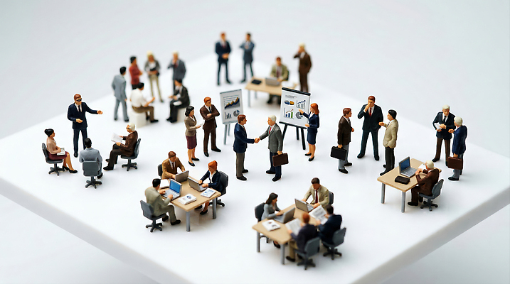 JPG 편집이미지 비즈니스 회의 협력 대화 협상 여러명 사무실 자료 미니어처 작업 직장인 발표 사무용가구 의견 회의자료 편집실사 AI컴퓨터그래픽 AI콘텐츠 직업 가구 다수 말하기 사람 모형 CG 파일형식