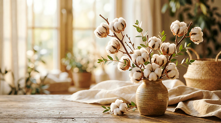 JPG 식물 편집이미지 꽃 잎 실내 따뜻함 장식 빛 꽃병 방 솜 오브젝트 나무탁자 목화솜 편집실사 AI포토 AI콘텐츠 탁자 내부 CG 파일형식