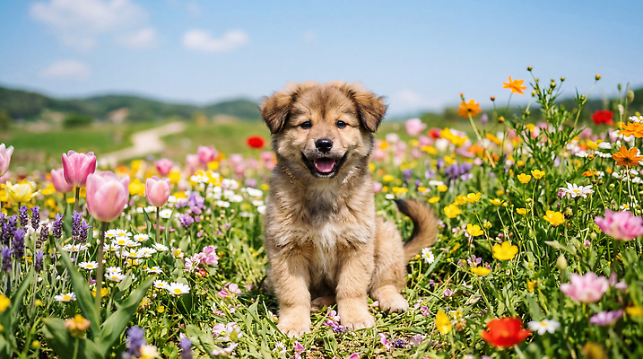 JPG 편집이미지 꽃 행복 꽃밭 자연 한국 웃음 풍경 반려동물 귀여움 봄 강아지 믹스견 편집실사 AI포토 AI콘텐츠 식물 동물 계절 감정 아시아 컨셉 표정 개 CG 생태계 파일형식