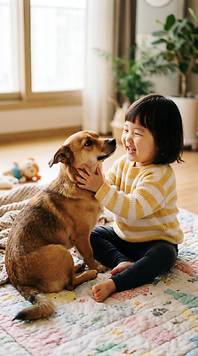 JPG 편집이미지 행복 어린이 거실 놀이 한국 실내 웃음 친구 반려동물 장난감 귀여움 개 의료성형뷰티 쓰다듬기 믹스견 편집실사 AI인물포토 AI콘텐츠 동물 감정 아시아 컨셉 포유류 관계 모션 표정 사람 내부 CG 파일형식 AI포토