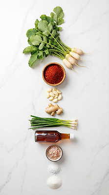 JPG 편집이미지 한식 음식 재료 마늘 요리 맛 무 설탕 소금 파 생강 총각김치 고춧가루 새우젓 요리준비 액젓 편집실사 AI포토 AI콘텐츠 컨셉 채소 식재료 김치 뿌리채소 가루 CG 준비 젓갈 파일형식