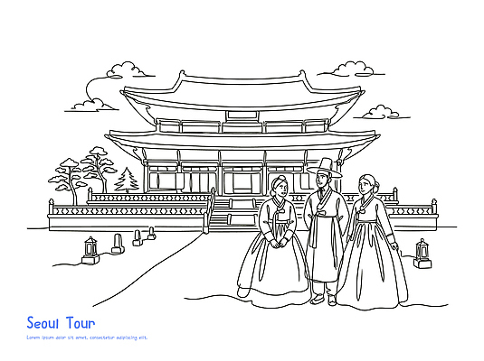 외국인 전통 건축물 여자 남자 문화 길 여행 라인일러스트 일러스트 한옥 서울 한국 풍경 여러명 관광지 사진촬영 랜턴 역사 한복 서울투어 국내일러스트 AI파일 한국전통 건축 아시아 다수 고건축 조명 사람 인종 촬영 전통의상 파일형식 벡터