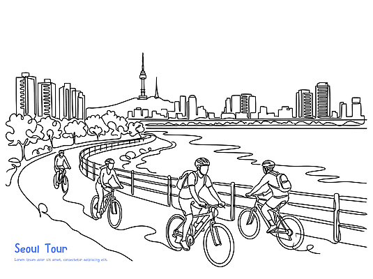 공원 도로 여행 라인일러스트 일러스트 자연 레저 서울 풍경 여러명 운동 야외활동 자전거 도시 한강 자전거여행 남산타워 서울투어 자전거도로 국내일러스트 AI파일 공공시설 길 다수 교통시설 한국 건강 사람 바이크 생태계 남산 랜드마크 전용도로 파일형식 벡터