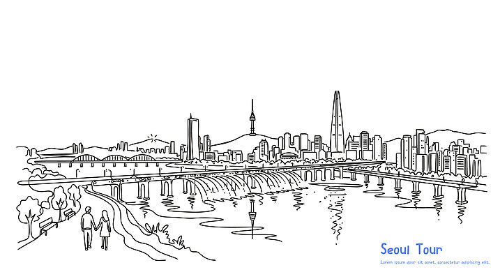 공원 여유 여행 라인일러스트 일러스트 서울 사람 풍경 여러명 걷기 다리 도시 강가 즐거움 한강 남산타워 서울투어 국내일러스트 AI파일 공공시설 감정 다수 모션 한국 강 남산 랜드마크 파일형식 벡터