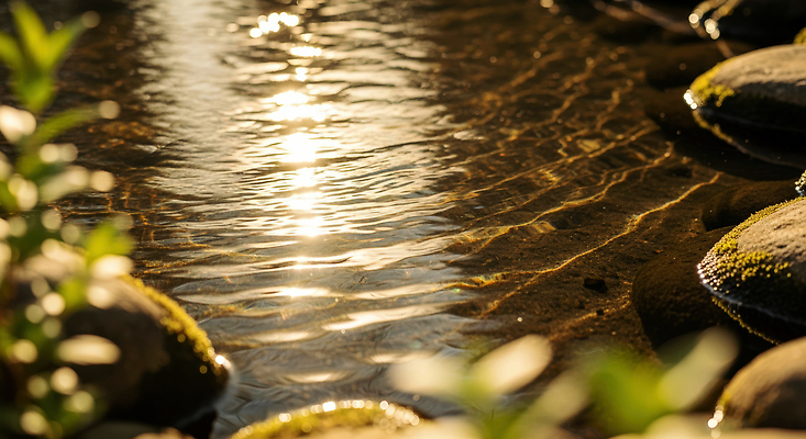 JPG 식물 편집이미지 자연 풍경 물 빛 강 흐름 돌 바위 개울 수면 숲 편집실사 AI포토 AI콘텐츠 자연요소 컨셉 CG 생태계 파일형식