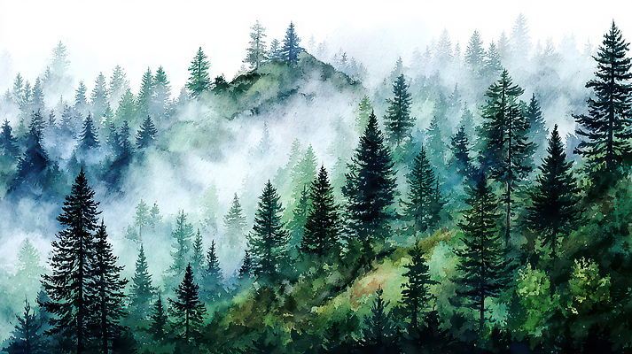 JPG 나무 일러스트 자연 산 풍경 초록색 안개 신선 숲 생태계 국내일러스트 AI일러스트 AI콘텐츠 식물 컬러 날씨 파일형식