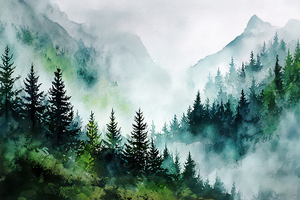 JPG 나무 일러스트 자연 하늘 산 풍경 초록색 등산 안개 숲 생태계 고산지대 수목 경관 국내일러스트 AI일러스트 AI콘텐츠 식물 컬러 날씨 트래킹 파일형식