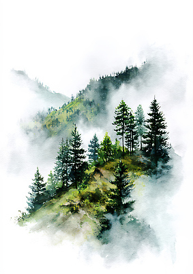 JPG 나무 일러스트 자연 산 풍경 초록색 안개 숲 생태계 산맥 국내일러스트 AI일러스트 AI콘텐츠 식물 컬러 날씨 파일형식