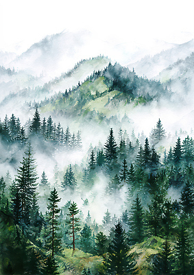 JPG 나무 식물 일러스트 자연 하늘 산 풍경 초원 안개 숲 국내일러스트 AI일러스트 AI콘텐츠 날씨 생태계 파일형식