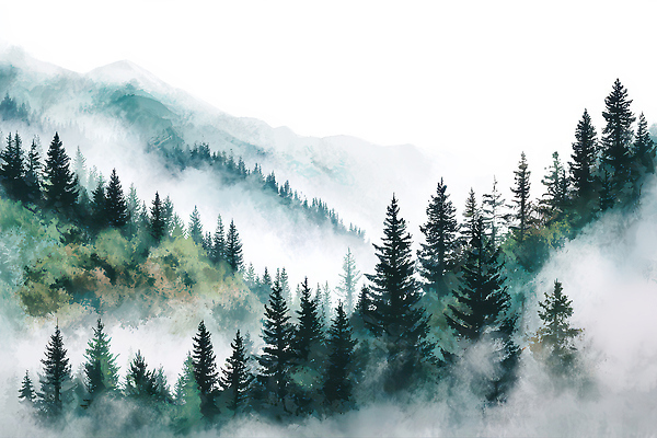 JPG 나무 일러스트 자연 산 풍경 초록색 안개 산호 숲 생태계 국내일러스트 AI일러스트 AI콘텐츠 식물 컬러 날씨 자포동물 파일형식