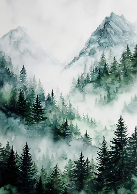 JPG 나무 식물 일러스트 자연 수채화 산 풍경 고요 물감 안개 숲 국내일러스트 AI일러스트 AI콘텐츠 날씨 미술도구 생태계 파일형식