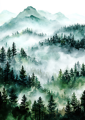 JPG 나무 일러스트 자연 하늘 산 풍경 초록색 고요 안개 숲속 숲 수목 국내일러스트 AI일러스트 AI콘텐츠 식물 컬러 날씨 생태계 파일형식