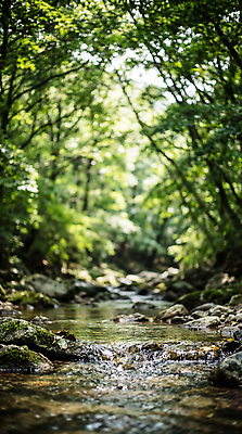 JPG 나무 식물 편집이미지 자연 풍경 야외 물 햇빛 계곡 흐름 돌 개울 숲속 숲 편집실사 AI컴퓨터그래픽 AI콘텐츠 자연요소 컨셉 강 태양 CG 생태계 파일형식