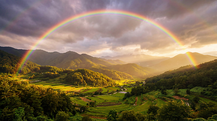 JPG 편집이미지 무지개 자연 하늘 산 풍경 초원 햇빛 들녘 평원 편집실사 AI컴퓨터그래픽 AI콘텐츠 자연요소 태양 CG 생태계 파일형식