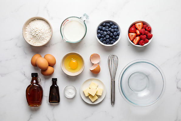 JPG 편집이미지 탁자 딸기 요리 컵 주방 계란 우유 준비 블루베리 산딸기 밀가루 시럽 버터 팬케이크 편집실사 AI포토 AI콘텐츠 식기 가구 과일 유제품 케이크 알 가루 CG 파일형식