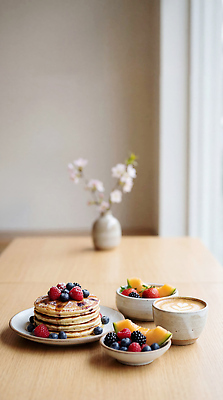 JPG 나무 편집이미지 꽃 커피 음식 과일 탁자 디저트 식사 신선 블루베리 브런치 산딸기 팬케이크 편집실사 AI포토 AI콘텐츠 식물 음료 가구 케이크 CG 파일형식