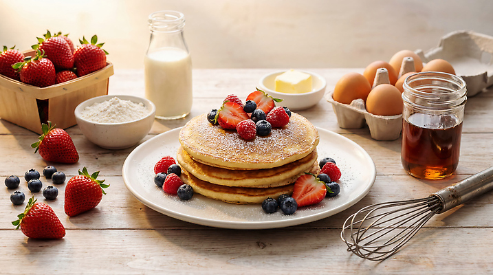 JPG 편집이미지 과일 딸기 주방용품 요리 주방 계란 우유 설탕 준비 블루베리 밀가루 시럽 버터 팬케이크 편집실사 AI포토 AI콘텐츠 생활용품 유제품 케이크 알 가루 CG 파일형식