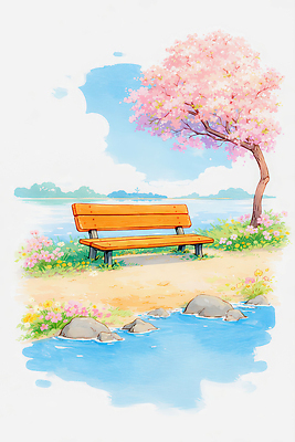 JPG 나무 공원 꽃 벤치 일러스트 자연 하늘 휴식 풍경 강 봄풍경 봄 산책 바위 물가 편안함 국내일러스트 AI일러스트 AI콘텐츠 식물 계절 공공시설 컨셉 의자 감각 생태계 파일형식