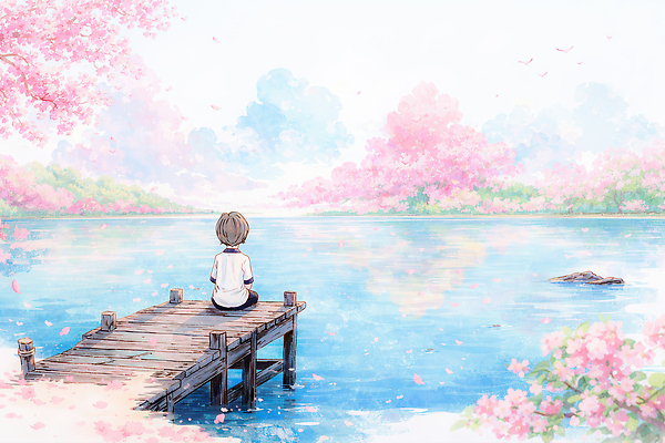 JPG 나무 꽃 잎 일러스트 자연 하늘 따뜻함 앉기 풍경 소년 물 강 평화 봄풍경 봄 벚꽃 다리 나무다리 국내일러스트 AI일러스트 AI콘텐츠 자연요소 식물 계절 남자 어린이 컨셉 모션 생태계 가교 파일형식