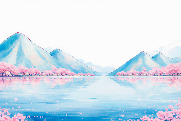 JPG 나무 식물 꽃 일러스트 자연 하늘 산 풍경 물 강 평화 봄풍경 봄 수면 국내일러스트 AI일러스트 AI콘텐츠 자연요소 계절 컨셉 생태계 파일형식