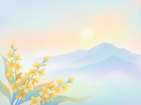 JPG 식물 꽃 일러스트 자연 하늘 생명 아침 산 밝음 풍경 태양 일출 개나리 국내일러스트 AI일러스트 AI콘텐츠 주간 자연요소 노을 생태계 파일형식