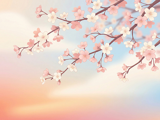 JPG 나무 식물 꽃 일러스트 자연 하늘 따뜻함 풍경 일출 봄 벚꽃 저녁 흐림 만개 국내일러스트 AI일러스트 AI콘텐츠 계절 날씨 노을 밤 야간 생태계 파일형식