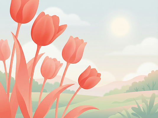 JPG 나무 식물 계절 꽃 일러스트 자연 하늘 생명 아침 산 풍경 햇빛 일출 튤립 언덕 경관 국내일러스트 AI일러스트 AI콘텐츠 주간 태양 노을 생태계 파일형식