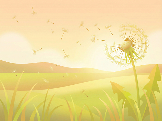 JPG 식물 꽃 일러스트 자연 하늘 생명 바람 풍경 잔디 초원 여름 햇빛 일출 일몰 민들레 언덕 꽃씨 국내일러스트 AI일러스트 AI콘텐츠 자연요소 계절 날씨 태양 노을 생태계 파일형식