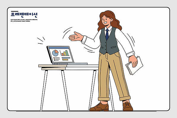 옷 일러스트 비즈니스 회의 그래프 직장 사람 손짓 컴퓨터 사무실 스크린 자료 작업 발표 프레젠테이션 문서 국내일러스트 AI파일 회사 모션 전자제품 파일형식 벡터