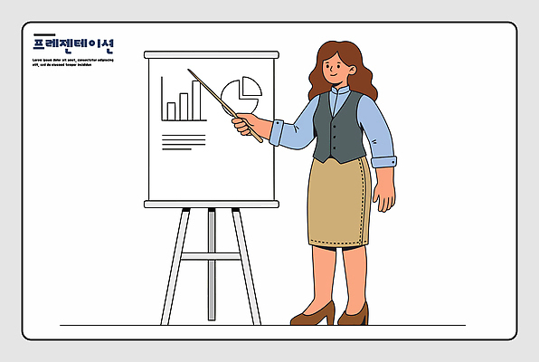 옷 여자 교육 일러스트 회의 커뮤니케이션 그래프 협력 직장 설명 사무실 자료 업무 발표 프레젠테이션 서류판 국내일러스트 AI파일 회사 비즈니스 모션 사람 사무용품 작업 파일형식 벡터