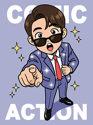 캐릭터 디자인 남자 포즈 일러스트 손가락 모션 표정 정장 선글라스 보라색 가리킴 화려 유머 코믹 액션 스타일 강조 국내일러스트 AI파일 손 옷 감정 안경 컬러 컨셉 사람 손짓 파일형식 벡터