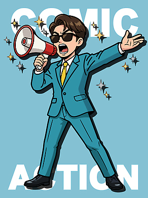 캐릭터 남자 감정 별 예술 하늘색 일러스트 이야기 사람 정장 선글라스 확성기 외침 표현 유머 코믹 액션 스타일 국내일러스트 AI파일 자연요소 옷 안경 파란색 소리 파일형식 벡터