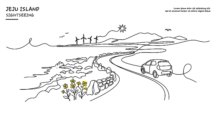 나무 꽃 길 바다 섬 여행 라인일러스트 일러스트 자동차 자연 풍경 빛 태양 제주도 산책 바위 해안도로 국내일러스트 AI파일 자연요소 식물 도로 육상교통 휴식 한국 생태계 파일형식 벡터