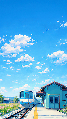 JPG 여행 교통 이동 일러스트 자연 하늘 풍경 건물 일상 파란색 봄 기차 역 지역 기차역 정차 선로 국내일러스트 AI일러스트 AI콘텐츠 건축물 계절 육상교통 컬러 컨셉 교통시설 대중교통 라이프 생태계 파일형식