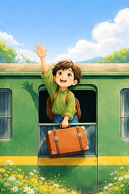 JPG 어린이 여행 이동 가방 일러스트 창문 자연 풍경 소년 초원 일상 여름 마을 봄 기차 즐거움 손인사 기차역 기차여행 손흔들기 국내일러스트 AI일러스트 AI콘텐츠 잡화 계절 남자 감정 육상교통 컨셉 모션 대중교통 사람 라이프 인사 역 생태계 파일형식