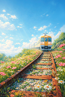JPG 여행 꽃밭 일러스트 자연 하늘 바람 풍경 여름 봄 기찻길 기차 힐링 기차역 청명 국내일러스트 AI일러스트 AI콘텐츠 자연요소 계절 꽃 육상교통 날씨 대중교통 역 생태계 파일형식